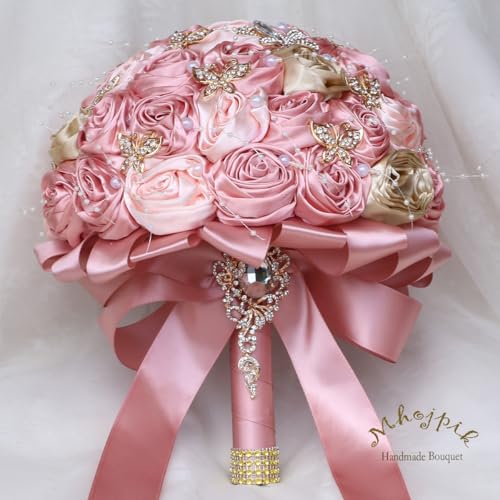 Handmade Wedding Flowers Bouquet Round Holding Bridal Bouquet Artificial Satin Roses Bunch for Bride Bridesmaid Wedding Quinceanera - color: Blush Pink, Light Salmon & Camel Brown, size: Large (Dia. 9.8"/25cm)