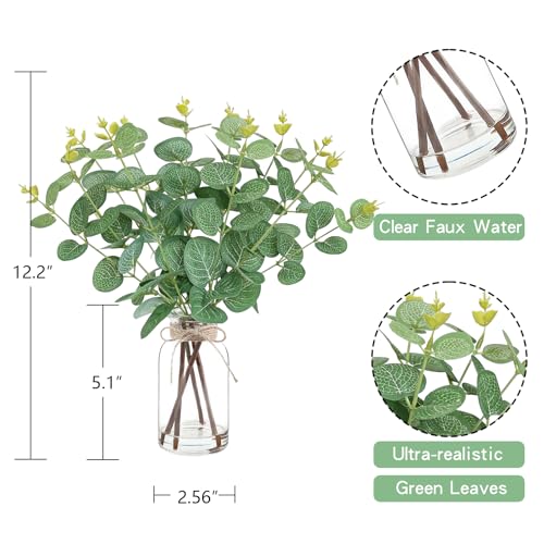 Artificial Eucalyptus Stems in Glass Vase with Faux Water,Artificial Plants Eucalyptus Leaves for Shelf Desk Bathroom Farmhouse Room Coffee Table Home Decor, Central Decoration. - color: Eucalyptus Leaves 2