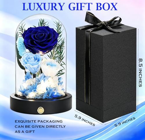 Eternal Roses, Preserved Flowers in Glass Dome, Blue Forever Flowers for Delivery, Valentines Day Mothers Day Anniversary Birthday Gifts for Grandma Women Her Mom Girlfriend Wife - color: New Blue