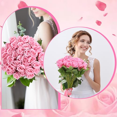 36 Pcs Silk Pink Roses Bouquet Bridal Artificial Flowers Mothers Day,Fake Rose Long Stem Realistic Artificial Flowers Bulk for Wedding Bouquet Ball Arrangement Centerpiece Party Decor - color: Pink