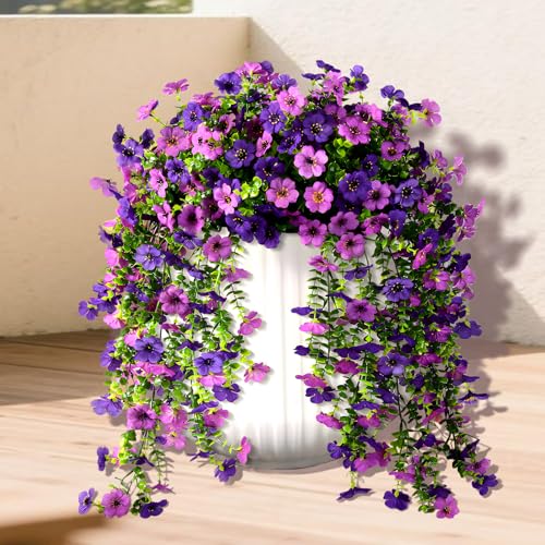 Artificial Hanging Flowers Plants for Outdoors, 2 PCS UV Resistant Faux Silk Daisy(132 Branches Per Bundle), Home Garden Balcony Yard Porch Decor(Double Purple) - color: Double Purple