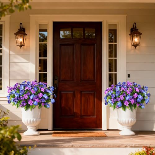 Hommyea Artificial Fake Flowers for Outdoor, 6 Bundles UV Resistant Faux Plants Decoration Silk Flowers No Fade Plastic Flowers for Outside Planters Home Porch Patio Yard Garden Decor - color: Double Purple,dark&light Blue