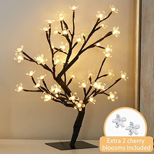 PEIDUO 17.5 Inch Lighted Cherry Blossom Tree, 48 Warm White Lights Plug in Adapter, Light up Bonsai Tree for Christmas Indoor Home Bedroom Living Room, Tabletop Decor Night Light Artificial Tree - style: Cherry Blossom Tree