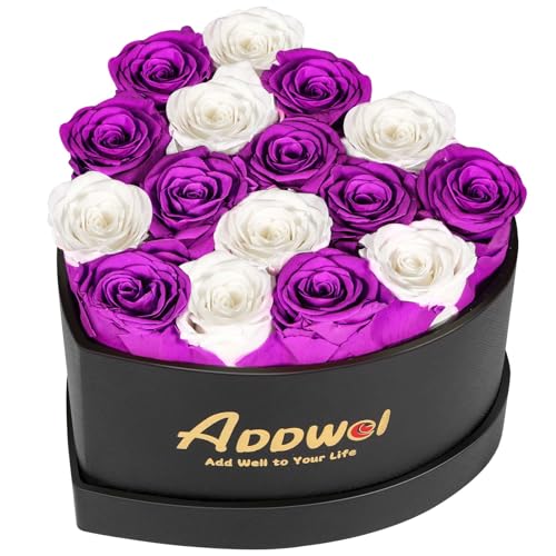 ADDWel Preserved Roses Bouquet for Her Anniversary, Birthday Flower Gifts for Women, 16-Pieces Eternal Roses with Natural Fragrance in Heart-Shape Box for Wife Girlfriend Mom - color: Purple & White - 16 Roses
