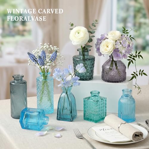 30Pcs Blue Glass Bud Vases, Wedding Table Decor, Bulk Housewarming Gift | Blue bud vases in bulk, Rustic embossed, Vintage-styled glass vases for centerpieces,15 unique vintage styles(2 per design) - color: Blue Series