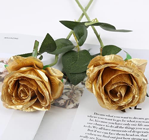 IPOPU 6PCS Gold Silk Lop-Sided Rose Artificial Flower with Long Stem Fake Leaf Roses, Artificial Long Stem Fake Roses Suitable for DIY Wedding, Home Decoration and Outdoor Party. - color: Gold