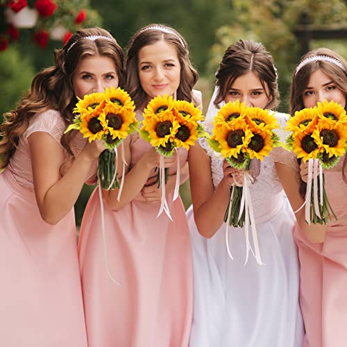 36 Pcs/ 4 Bunches Artificial Sunflower Bouquets Fake Sunflowers with Stems Large Faux Sunflowers Bulk Bride Holding Flowers for Wedding Home Baby Shower Birthday Party DIY Garden Outdoor Indoor Decor