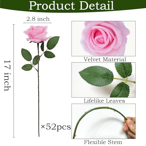 50Pcs Pink Roses Artificial Flowers with Stems，Fake Roses Bouquet Fake Flowers Bulk，Silk Velvet Roses for Wedding Centerpieces Arrangement Baby Shower Birthday Home Decor Gifts - color: Pink, size: 50