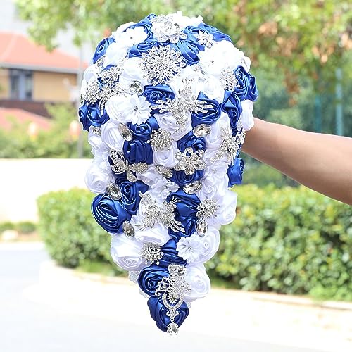 Luxury Cascade Bridal Wedding Bouquet Satin Rose Waterfall Holding Bouquet Artificial Flower Bunch for Bride Bridesmaid(Royal Blue & White, 15" x 7.5") - color: Royal Blue & White, size: 15"L x 7.5"W(38cm x 19cm)
