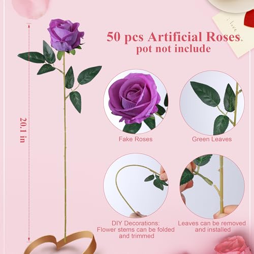 50 PCS Roses Artificial Flowers, Fake Roses with Stem Realistic Fuchsia Silk Roses for DIY Wedding Bouquets Table Centerpieces Arrangements Baby Shower Birthday Home Decor Valentine's Day Gift for Her - color: Fuchsia