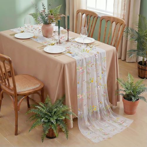 AerWo Embroidery Sage Floral Table Runner 120 Inch 10FT, White Floral Runners for Tables Flower Decorations for Party, Flower Runner for Table Kitchen & Dining, Party and Event Centerpiece