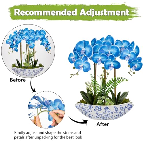 Briful Blue Orchid Artificial Flowers 18in Fake Orchid Silk Flowers with Blue and White Ceramic Pot Faux Orchid Arrangement for Home Office Room Dining Table Centerpiece Modern Decor - color: Blue-floral Pattern Vase