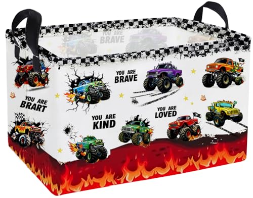 Essme Rectangular Car Baskets,Monster Truck Storage Box,Cute Basket with Handles for Room Decor, Book Bins,Shelf Basket.(Flame truck) - color: Flame truck
