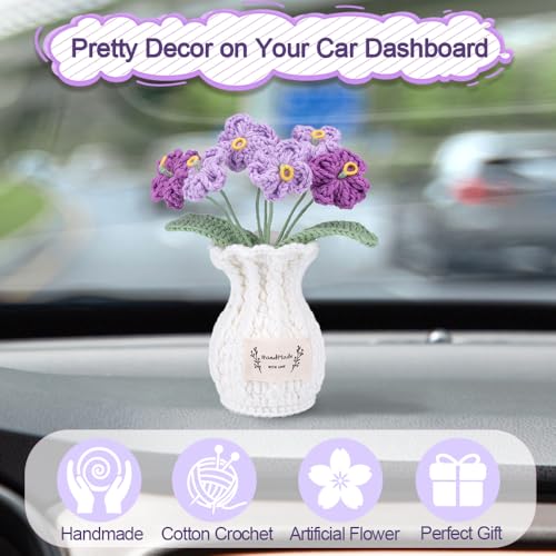 Forget Me Not Crochet Flower Plant, Small Cute Handmade Knitted Flowers with Vase, Small Crochet Potted Artificial Flower Plants for Desk Home Car Dashboard Office Decorations (Forget Me Not-Purple) - color: Forget Me Not-purple
