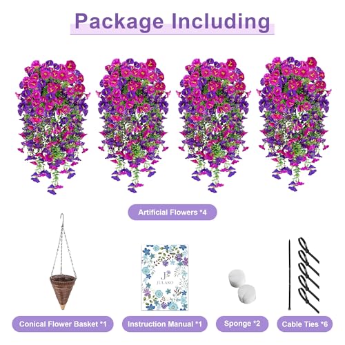 Artificial Hanging Flowers with Basket, 480 Blooms UV Resistant Faux Morning Glory Silk Plants, Fast & Easy Assembly Fake Hanging Baskets for Outdoor Porch Patio Garden Decor, Fuchsia&LightPurple - color: Fuchsia&lightpurple