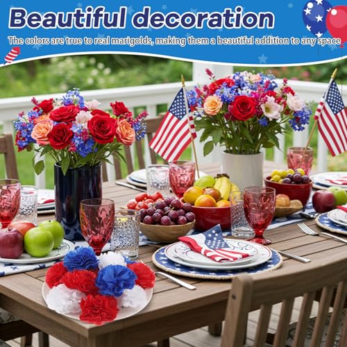 Syhood 50 Pcs 4th of July Marigold Flower Bulk Red White and Blue Flowers Memorial Day Decorations Patriotic Floral with Stems DIY Garland(2.4 Inch, Independence Day Colors) - color: Blue, Red, White