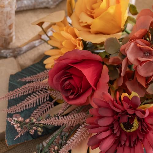Fake Silk Flowers Bouquet Faux Centerpieces with Roses, Gerberas, Hydrangea etc, Realistic Artificial Floral Arrangements for Home Kitchen Decor - color: Autumn