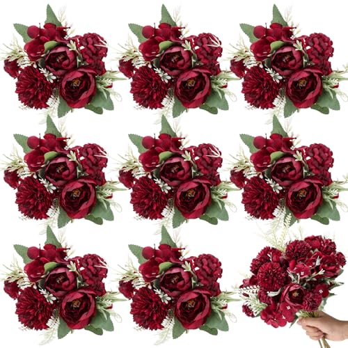 Lyrow 8 Pcs Peony Artificial Flowers Fake Silk Hydrangea Bouquet Elegant Peony Flowers for Wedding Decoration Faux Realistic Floral for Home Party Table Centerpieces Arrangement (Claret) - color: Claret