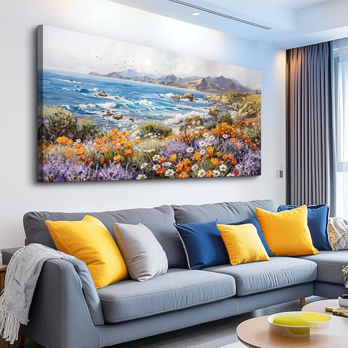 ZUITINGHUA Large Wall Decor For Living Room Canvas Wall Art For Office Modern Wall Decorations For Bedroom Seascape Landscape Painting Coastal Wildflower Pictures Artwork Room Home Decor 24x48 In - color: Coastal Wildflower Seascape, size: 48"L x 24"W