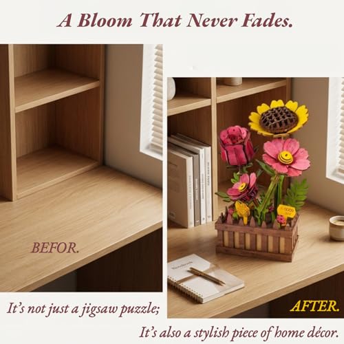3D Wooden Flower Puzzle for Adults, Wooden Wildflower Bouquet Model Building Kit, DIY Artificial Floral Stem for Home Decor, Unique Birthday for Women, Mom & Teens
