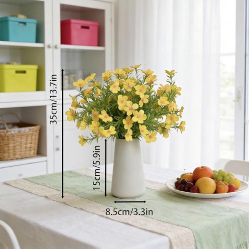 Artificial Yellow Gypsophila Baby's Breath Flowers in Ceramic Vase, 6 Inch White Vase with Faux Cosmos Arrangement, Farmhouse Table Centerpiece for Home Office Shelf Desk Decor - color: Yellow