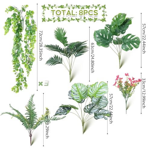 Artificial Plants Outdoor UV Resistant, 8 Bundles Realistic Faux Greenery with Tropical Leaves & Hanging Ferns, Fake Outdoor Plants for Planters, Front Porch, Patio, Window Boxes & Garden Decor - color: Green 2603