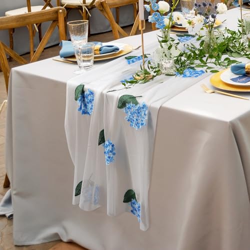 Hydrangea Floral Table Runner 29.5 x 118 Inch Embroidery Wildflower Tulle Table Runner Summer Gauze Home Decor for Wedding Birthday Baby Shower Party Dining Decor DIY - style: Hydrangea