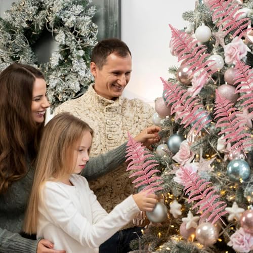 MWOOT 16 PCS Christmas Artificial Fern Bush Leaf, Pink Glitter Faux Plants Leaves for Centerpieces, Fake Christmas Tree Picks for DIY Garland Wreath Wedding Bouquet Table Home Garden Décor