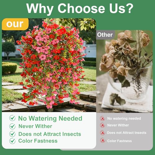 6 Bundles Artificial Flowers for Outdoors, UV Resistant Fake Hanging Flower, Realistic Silk Flowers for Indoor Outside Garden Patio Balcony Farmhouse Porch (Red, Fuchsia) - color: Red&rose Red
