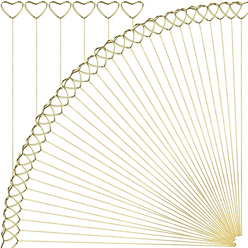 H&W 12''L Golden Heart Loop Round Shape Card Holders 40PCS Floral Picks Clips for Wedding & Flower Arrangements, DIY Craft Wire Clip Table Card Holders Note Photo Picture Memo Holder Cake Topper - color: Heart