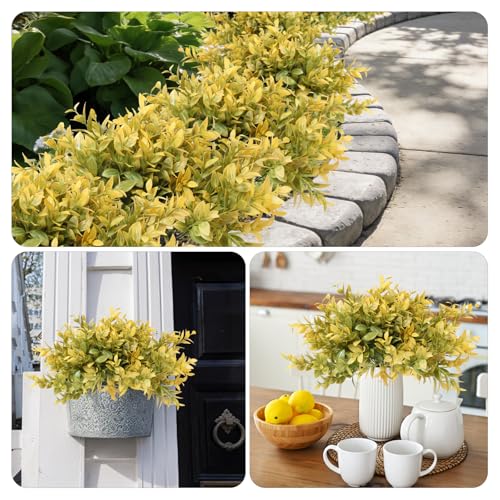 6 Bundles Artificial Greenery Stems, 14.5" Fake Lucky Bamboo Leaves Fall Faux Flowers Plants UV Resistant Plastic Shrubs for Garden Patio Porch Farmhouse Pathway Thanksgiving Outdoor Indoor Decoration - color: Yellow