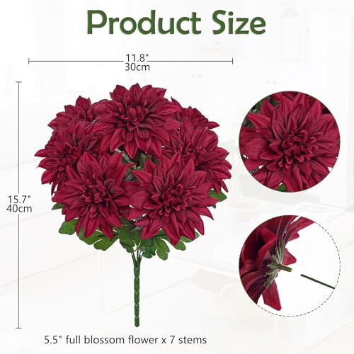 Hollyone Dark Red Artificial Dahlia Flowers Bush 7 Heads Silk Fake Dahlias Flowers with Stems Wedding Bouquets Faux Dahlia Flowers Arrangements for Outdoor Indoor DIY Table Centerpieces Home Decor - color: Dark Red