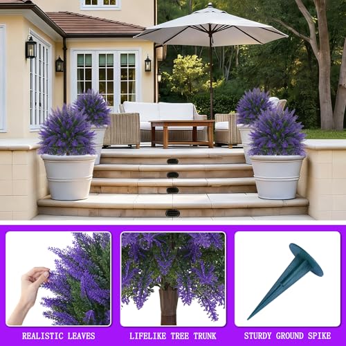 Artificial Lavender Topiary Bushes with Ground Spike, 24" Set of 2 Faux Lavender Boxwood Ball Trees UV Resistant Fake Greenery Plants for Indoor & Outdoor Spring Porch Decor - color: Lavender