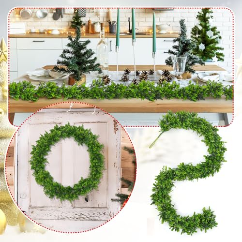 Dingion 6 ft Artificial Boxwood Garland Spring Faux Greenery Garland Preserved Green Leaves Fake Vines Hanging Plant Realistic Green Decor for UV Outdoor Indoor Wedding Backdrop Arch Wall Table