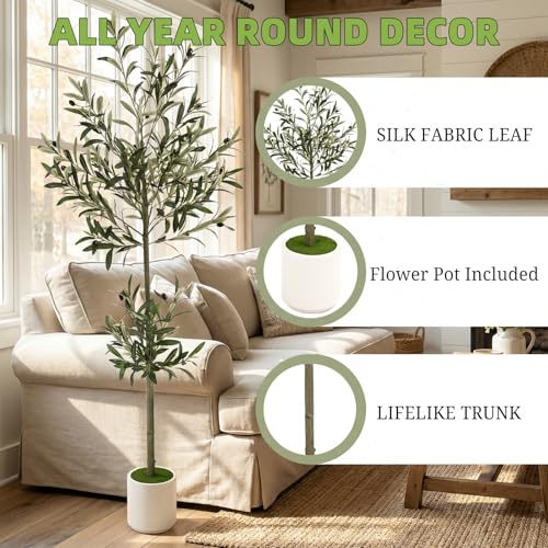 5ft Spherical Fake Olive Tree Artificial Indoor,Faux Olive Tree with Pot,Large Olive Branches and Lifelike Fruits,for Home Office House Living Room Decor. - color: 5ft