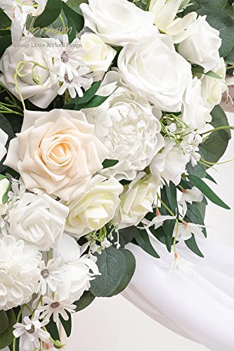 Floroom Arch Flowers with Drapes Kit (Pack of 4) - 2pcs Artificial Ivory & White Floral Swag Arrangement with 2pcs Draping Fabric for Wedding Ceremony Arbor and Reception Backdrop Decoration - color: Ivory Greenery