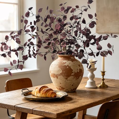 6 Pcs Artificial Fall Stems Long Stem Fall Flowers for Tall vase Burgundy Eucalyptus Stems Lifelike Faux Fall Foliage Stems Dusty Plum Stems for Indoor Home Table Vase Centerpiece Farmhouse Fall Decor - color: Red Brown