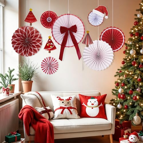 Christmas Paper Fan Decorations Christmas Decorations Classroom Red Hanging Paper Fans 10PCS with Santa Hat Gold Stars for Xmas Winter New Year Wall Ceiling Party Holiday - color: Interest for Christmas