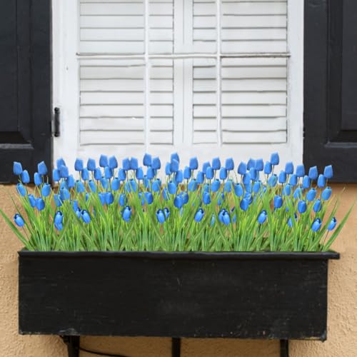 10 Bundles Artificial Tulips Flowers Outdoor,16.5 inch UV Resistant Fake Tulips Real Touch Flowers,Faux Tulips Realistic Flowers for Home Garden Outside Wedding Decor (Blue) - color: Blue