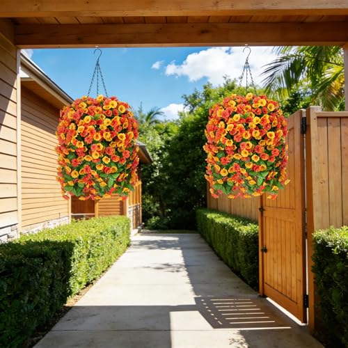 INXUGAO Artificial Flowers with Hanging Basket, Outdoor Faux Plants Silk Morning Glory Vines, Fake Green Arrangement for Garden Patio Spring Summer Decor(4pcs,Orange) - color: Orange