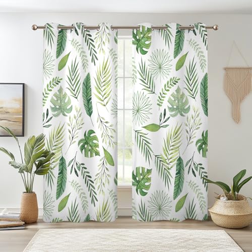 Renaiss Green Leaf Blackout Curtains, Tropical Safari Plants Patterned Thermal Insulated Bedroom Window Curtains, Eucalyptus Botanical Window Curtains for Kitchen, 45" L x 29" W 2 Panel Set - color: Green & White, size: 29"W x 45"L (Pack of 2)