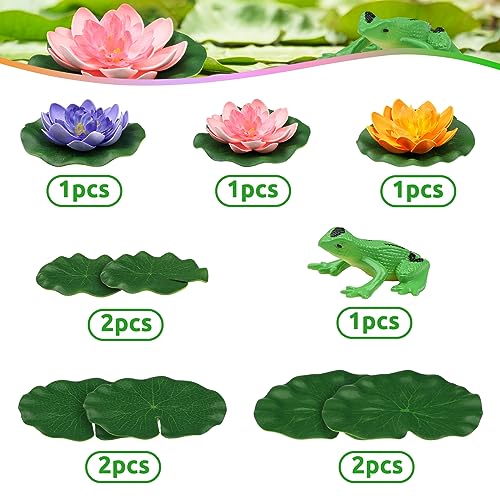 10pcs Floating Foam Lotus Flowers with Artificial Frog Lotus Leaves, Lily Pads for Lake, Artificial Pond Plants Ornaments for Pool Aquarium Water Decoration, Colorful - color: Multi Color