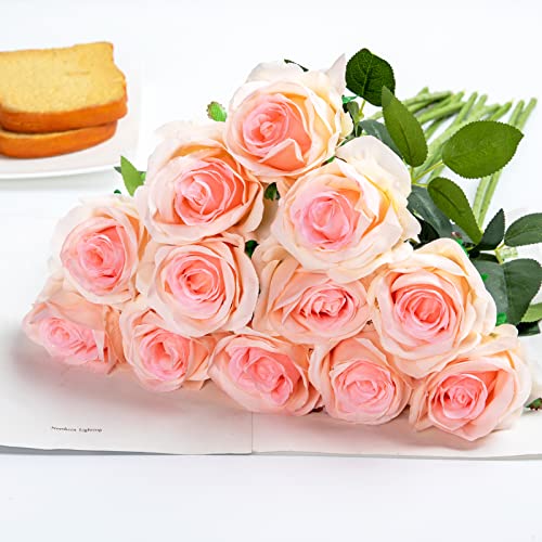 Hawesome 12PCS Artificial Silk Flowers Realistic Roses Bouquet Long Stem for Home Wedding Decoration Party (Gradient Light Pink, 12Pcs Flowers) - color: Gradient Light Pink, size: 12Pcs Flowers