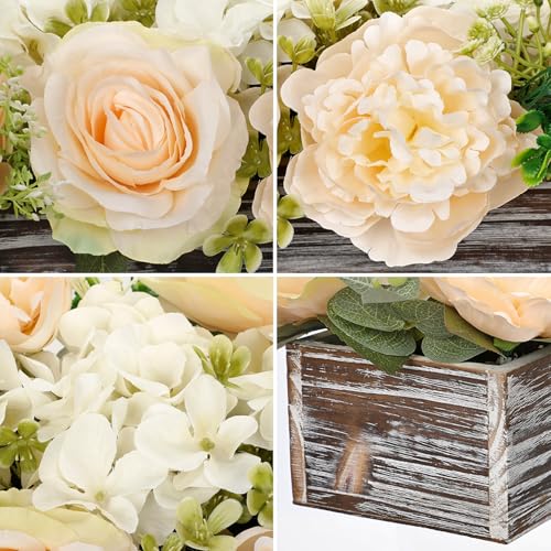 DILATATA Flower Arrangement with Wooden Vase 14" Artificial Flowers in Pot - Fake Flowers Roses Peonies Hydrangeas in Wooden Vase Potted Flower Centerpieces for Table Decor Living Room - Pale Yellow - color: 14"l Pale Yellow