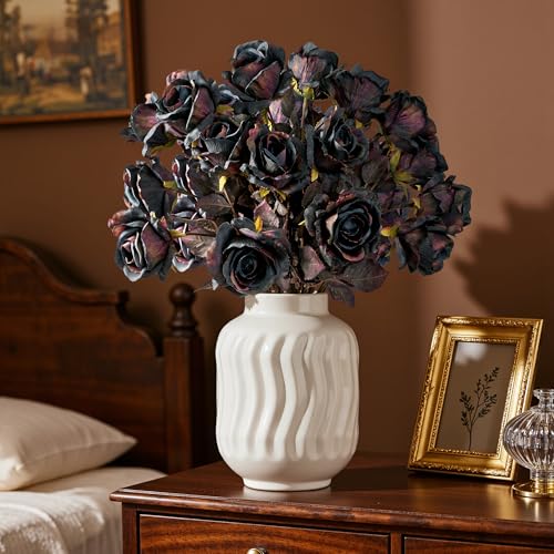 Artificial Flowers 20PCS Artificial Roses 23.2In Fake Roses Long Stem Artificial Flowers for Tall Vase Silk Rose Autumn Suitable for Indoor Decoration Wedding Party Decor DIY Bouquet,Dark Blue - color: Dark Blue