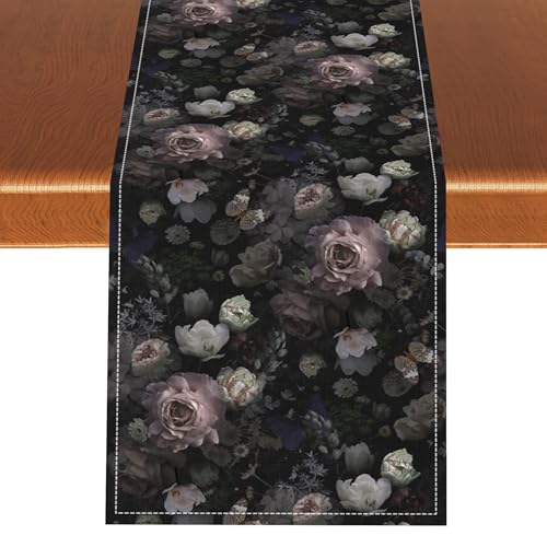 Gothic Floral Table Runner, Vintage Garden Flower Black Witchy Farmhouse Coffee Table Center Decor for Home Kitchen Dining Patio Holiday Party Table Decorations 13x36 inches - color: Tr-witchy05, size: 13x36" Table Runner