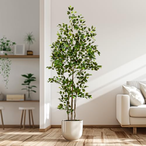 Bailikang Artificial Ficus Tree Indoor 7ft, Large Potted Faux Tree with Realistic Silk Leaves & Trunk for Home Office, Living Room Corner Decor - color: Green, size: 7ft