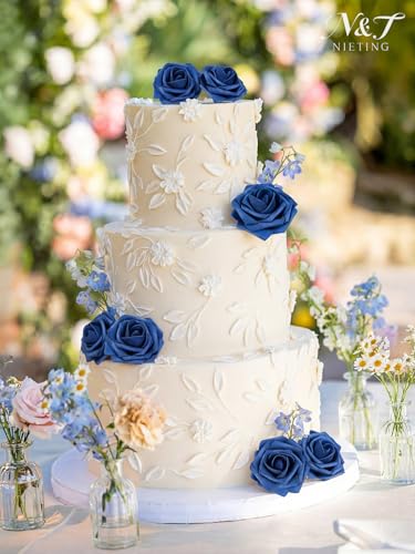 N&T NIETING Artificial Flowers Roses 25Pcs Real Touch Fake Flowers Foam Roses with Stems Perfect for DIY Wedding Bridesmaid Bridal Bouquets Centerpieces Party Home Baby Shower Decoration, Navy Blue - color: Navyblue, size: 25pcs