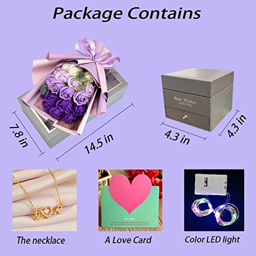 EIGHTOWN Roses Bouquet Fake Artificial Flower - Preserved Red Flowers with Love Necklace for Her - Unique Gifts Valentine's Day, Mother's Day, Thanksgiving, Birthday, Anniversary - color: Purple