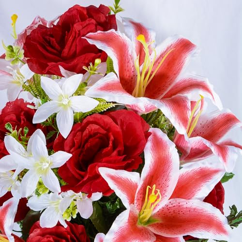 XONOR Artificial Cemetery Flower for Graves, Cemetery Memorial Flowers with Vase for Gravesite Outdoor Tombstone Decorations, Lily Rose Flowers Bouquets (Red Lily, 2 Bouquets) - color: Red